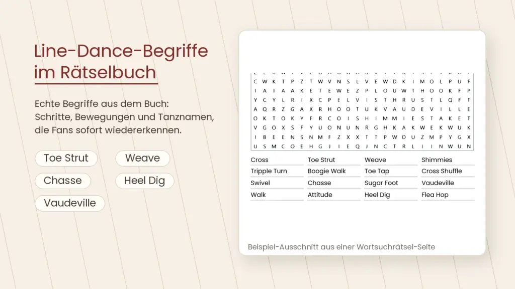 Ausschnitt aus dem Line Dance R&auml;tselbuch mit Begriffen wie Toe Strut, Weave, Chasse, Heel Dig und Vaudeville.