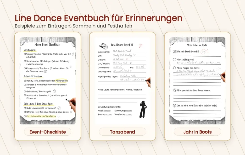 Drei Beispielseiten aus dem Line Dance Eventbuch mit Event-Checkliste, Tanzabend-Eintrag und Jahresrückblick Mein Jahr in Boots.