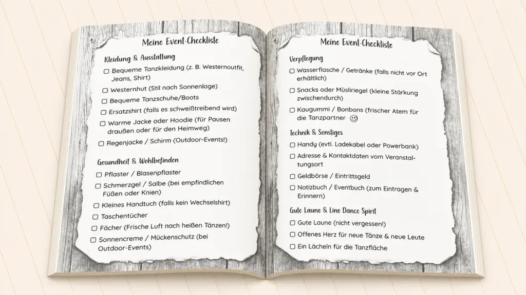 Offenes Line Dance Eventbuch mit zwei Checklisten f&uuml;r Kleidung, Ausstattung, Verpflegung und Vorbereitung auf Line Dance Events
