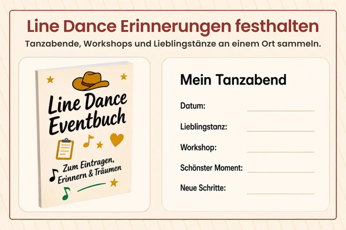 Artikelbild zum Line Dance Eventbuch mit Taschenbuch-Cover und Eintrageseite für Tanzabende, Workshops, Lieblingstänze und Erinnerungen