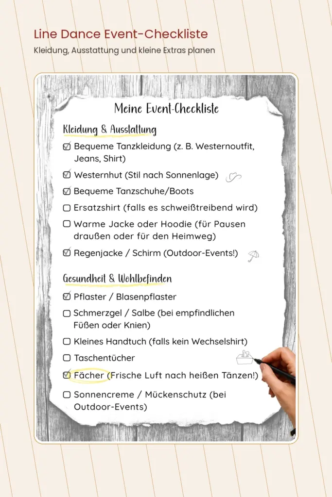 Hochformat-Karussellbild mit Checklisten-Seite aus dem Line Dance Eventbuch für Kleidung, Boots, Ausstattung und Wohlbefinden beim Tanzabend.
