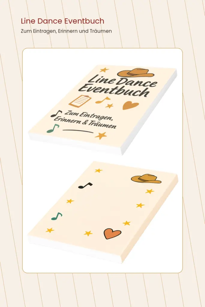Hochformat-Karussellbild mit Line Dance Eventbuch Cover und R&uuml;ckseite sowie Hinweis auf Amazon.