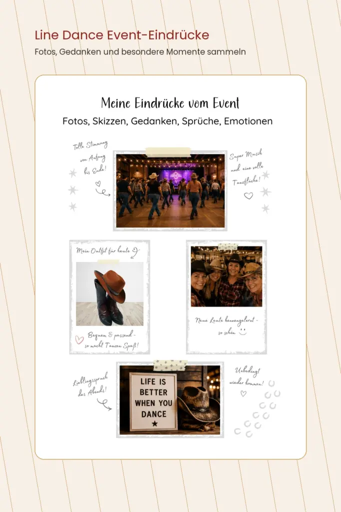 Hochformat-Karussellbild mit Beispielseite aus dem Line Dance Eventbuch für Fotos, Gedanken, Sprüche und Erinnerungen an ein Line Dance Event.