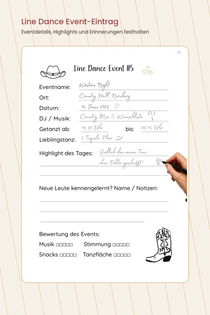 Hochformat-Karussellbild mit ausgefüllter Event-Beispielseite aus dem Line Dance Eventbuch für Tanzabend, Lieblingsmoment und Bewertung des Events.