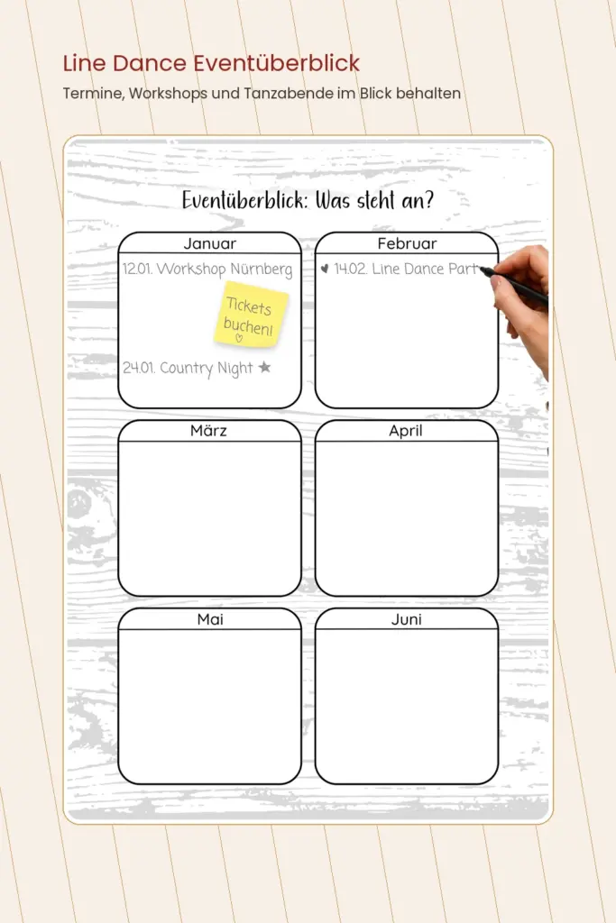 Hochformat-Karussellbild mit vollständiger Eventüberblick-Seite aus dem Line Dance Eventbuch für Termine, Workshops und Tanzabende.