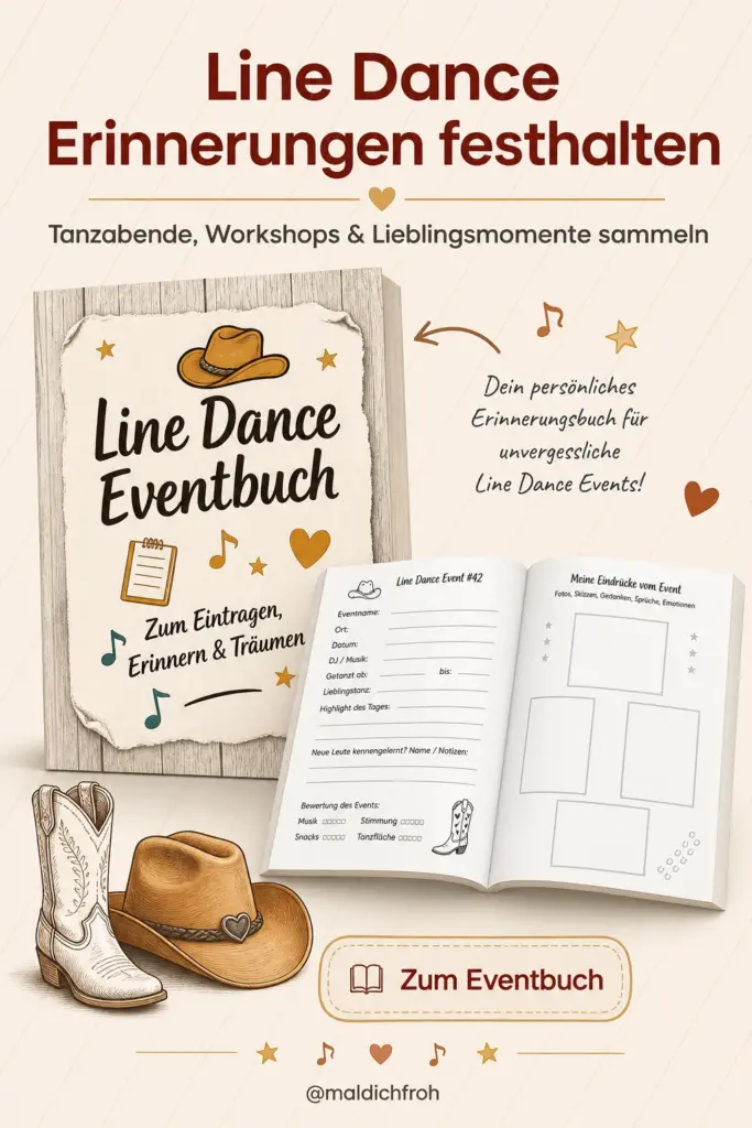 Pinterest Pin zum Line Dance Eventbuch mit Cover, offenen Innenseiten und Text zu Tanzabenden, Workshops und Lieblingsmomenten
