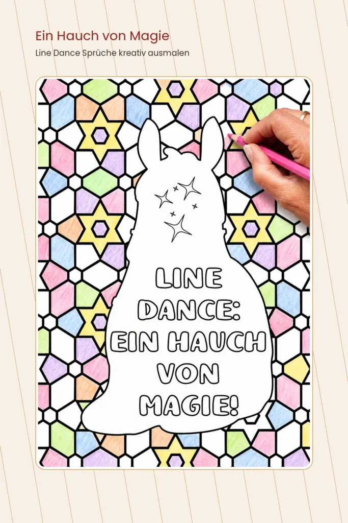 Ausmalmotiv aus dem Line Dance Sprüche Malbuch mit Lama-Silhouette und dem Spruch „Line Dance: ein Hauch von Magie!“.