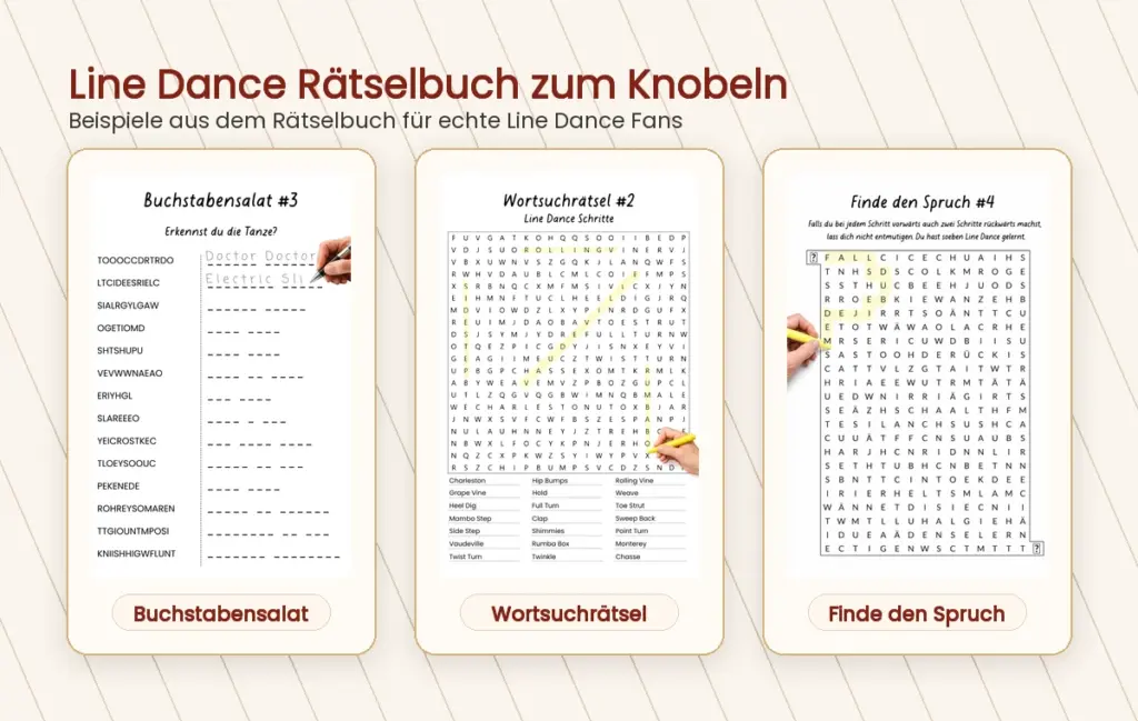 Drei Beispielseiten aus dem Line Dance Rätselbuch mit Buchstabensalat, Wortsuchrätsel und Finde-den-Spruch-Rätsel.