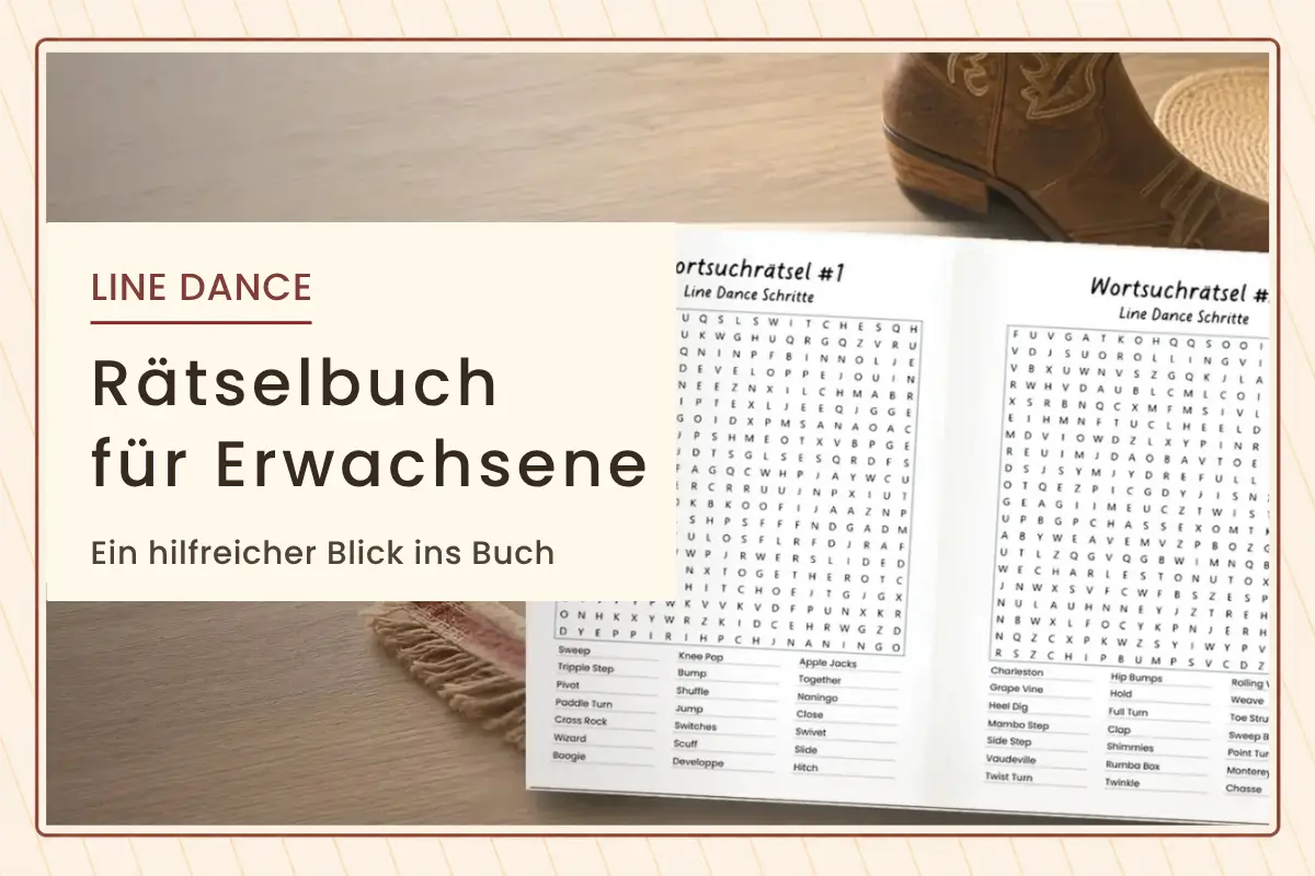 Line Dance Rätselbuch für Erwachsene mit aufgeschlagenen Wortsuchrätsel-Seiten und Titelgrafik