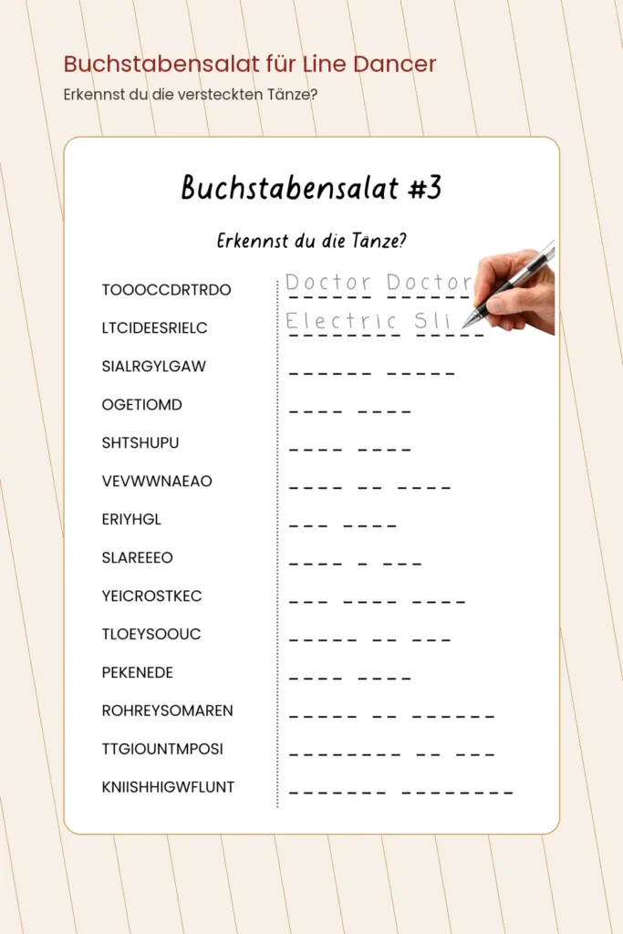 Buchstabensalat aus dem Line Dance Rätselbuch, bei dem bekannte Tänze aus vertauschten Buchstaben erkannt werden.