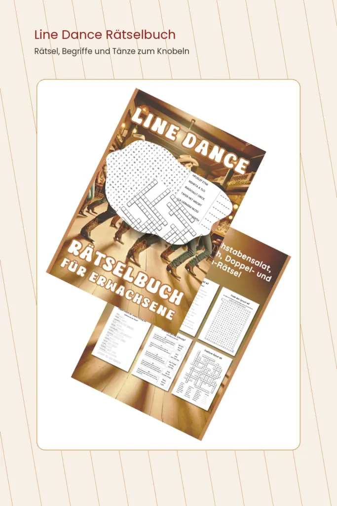 Cover-Mockup des Line Dance Rätselbuchs für Erwachsene mit verschiedenen Rätselarten rund um Line Dance.