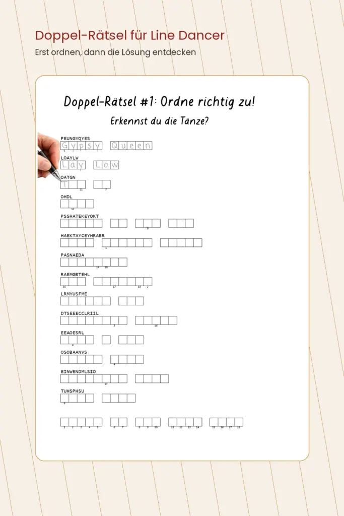 Beispielseite mit einem Doppel-Rätsel, bei dem Line Dance Begriffe und Tänze richtig zugeordnet werden.