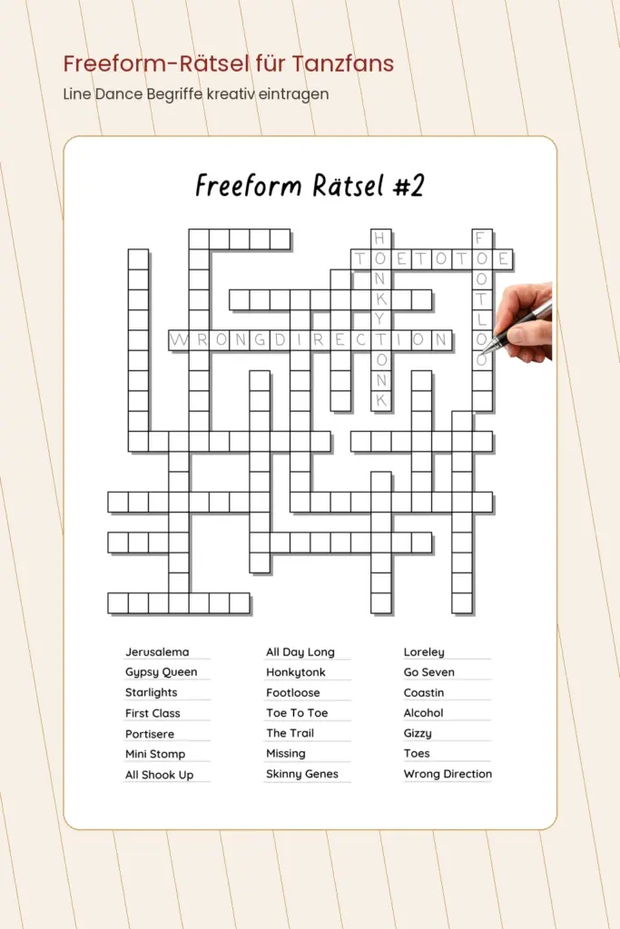 Freeform-Rätsel aus dem Line Dance Rätselbuch mit Tanznamen und Begriffen zum Eintragen.
