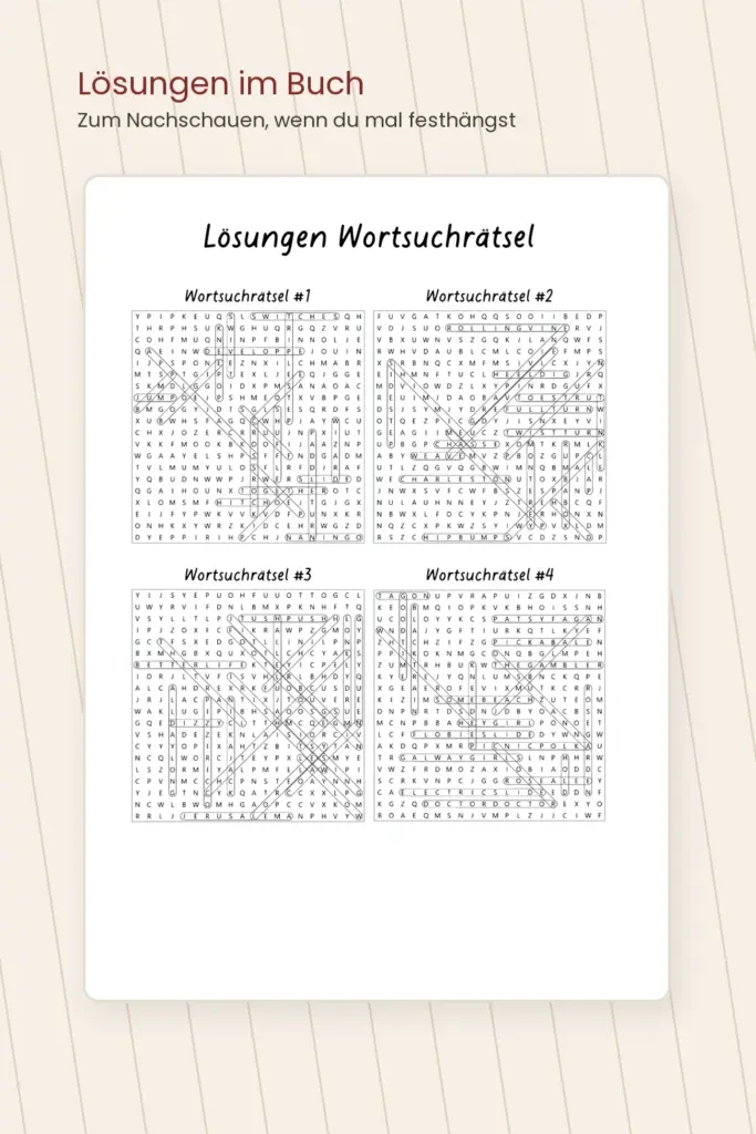 L&ouml;sungsseite aus dem Line Dance R&auml;tselbuch f&uuml;r Erwachsene mit markierten W&ouml;rtern in Wortsuchr&auml;tseln.