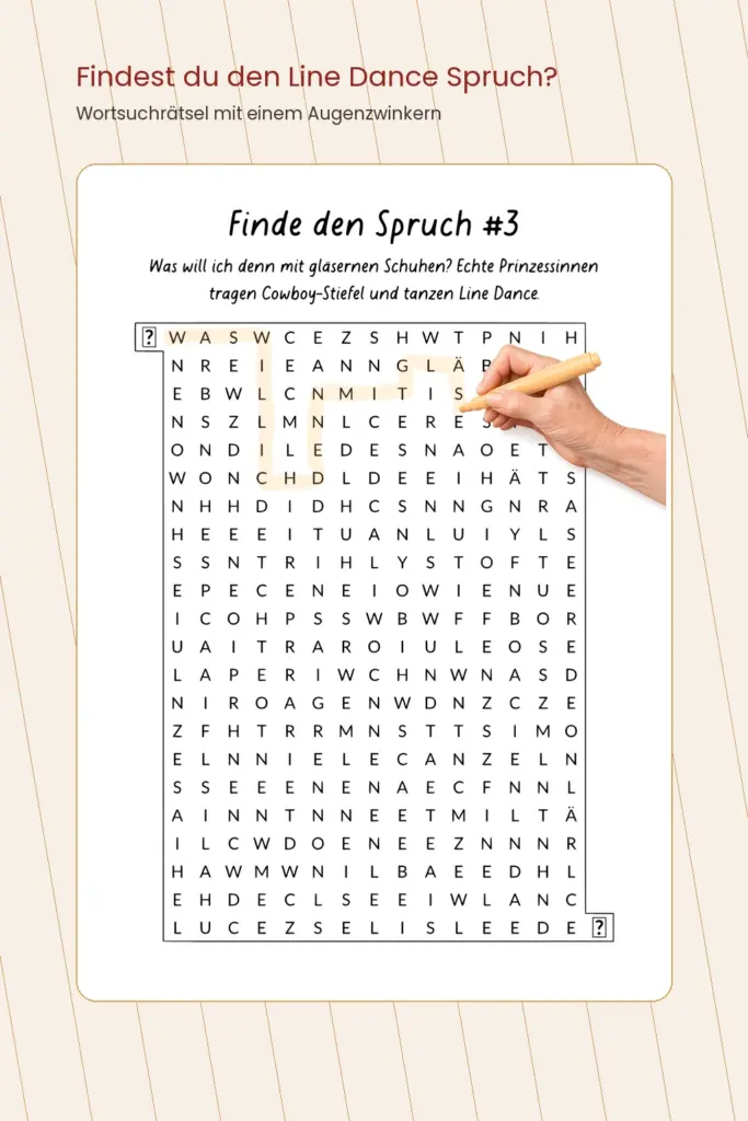 Wortsuchrätsel aus dem Line Dance Rätselbuch, bei dem ein humorvoller Line Dance Spruch gefunden wird.