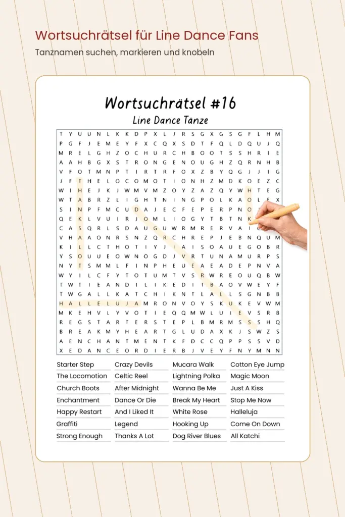 Wortsuchrätsel aus dem Line Dance Rätselbuch mit versteckten Line Dance Tanznamen.