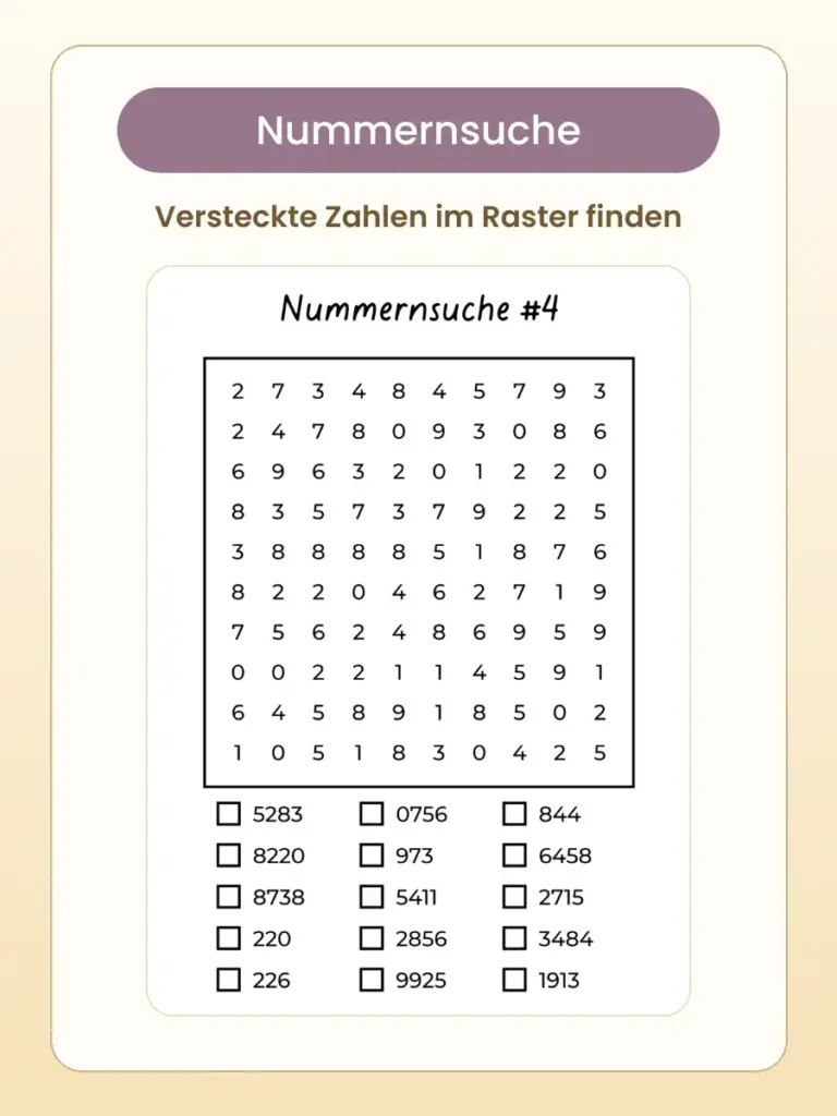 Nummernsuche mit versteckten Zahlen als Beispiel aus einem Mathematik R&auml;tselbuch f&uuml;r Erwachsene