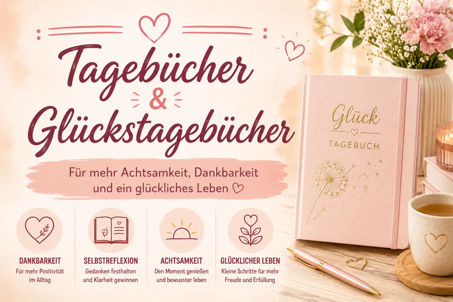 Tagebücher & Glückstagebücher – Für mehr Achtsamkeit und Dankbarkeit Tagebücher und Glückstagebücher mit Fokus auf Achtsamkeit, Dankbarkeit, Selbstreflexion und persönliche Entwicklung in einer freundlichen, gemütlichen Atmosphäre.