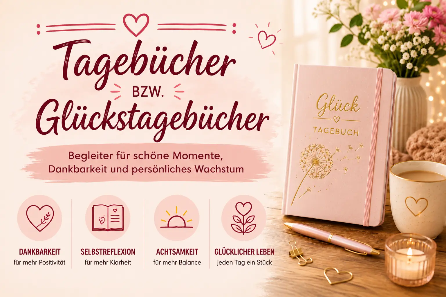 Tagebücher & Glückstagebücher – Für mehr Achtsamkeit und Dankbarkeit Tagebücher und Glückstagebücher mit Fokus auf Achtsamkeit, Dankbarkeit, Selbstreflexion und persönliche Entwicklung in einer freundlichen, gemütlichen Atmosphäre.