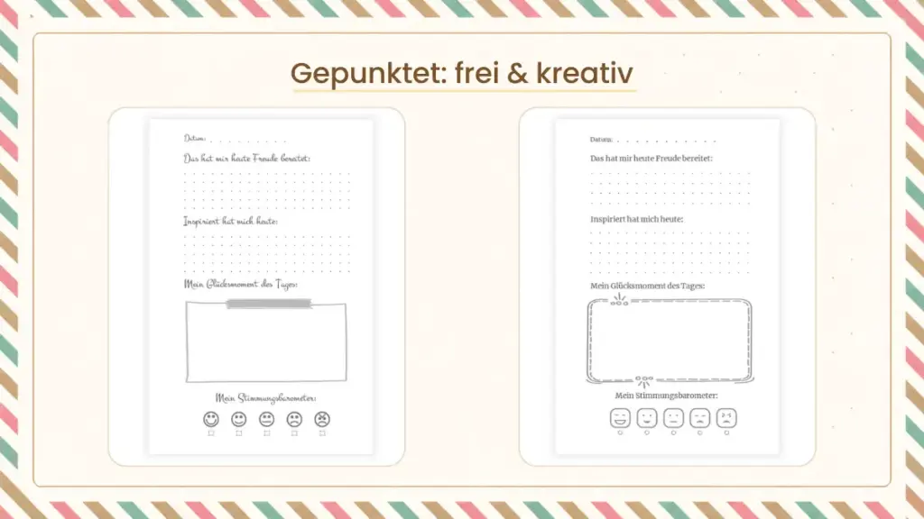 Gepunktete Innenseiten aus zwei Glückstagebüchern für freie Notizen, Glücksmomente und Stimmungsbarometer