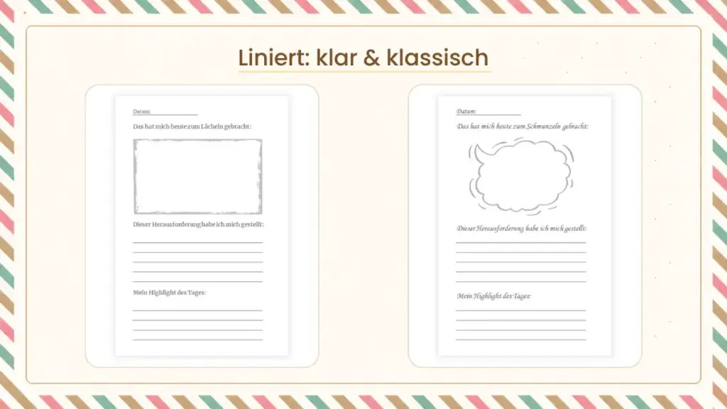 Linierte Innenseiten aus zwei Glückstagebüchern für klare tägliche Einträge und persönliche Gedanken