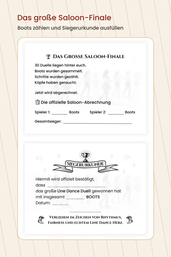 Saloon-Finale mit Boot-Abrechnung und Siegerurkunde im Line Dance Duellbuch