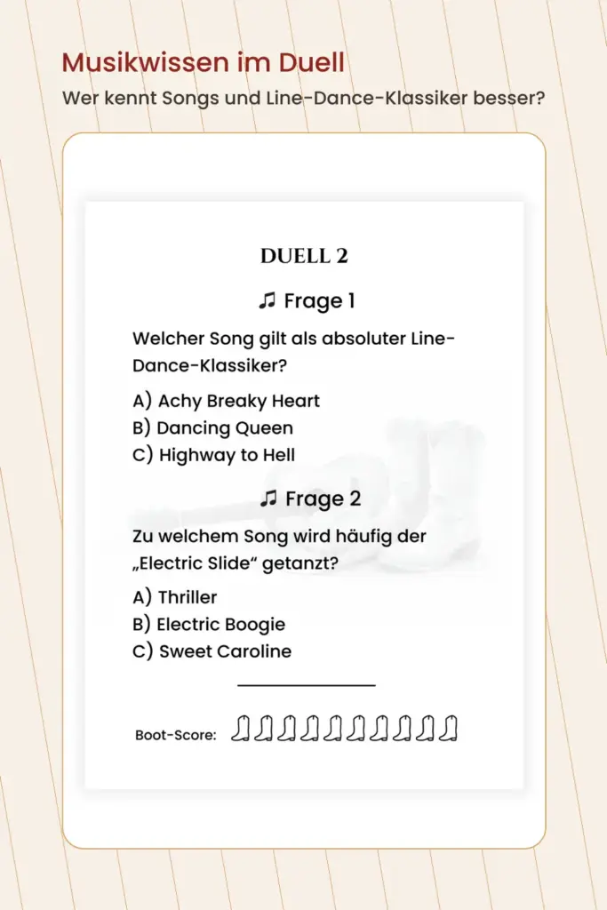 Musikquiz mit Fragen zu Songs und Klassikern im Line Dance Duellbuch