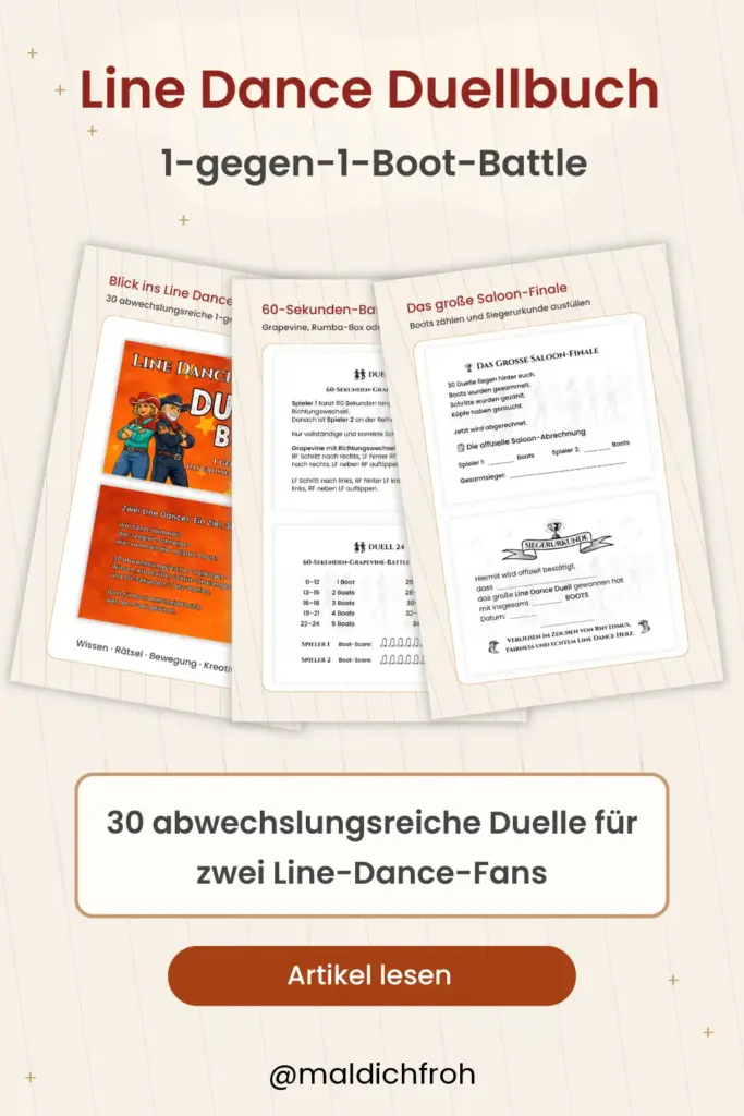 Line Dance Duellbuch als 1-gegen-1-Boot-Battle mit Einblicken in Aufgaben und Saloon-Finale