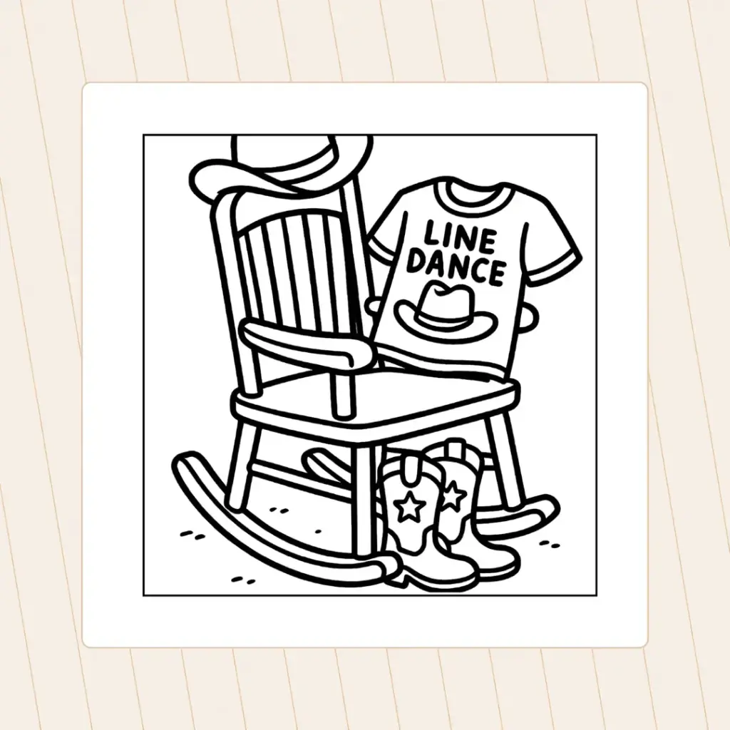 Schaukelstuhl mit Cowboyhut, Line-Dance-Shirt und Cowboyboots als Ausmalmotiv