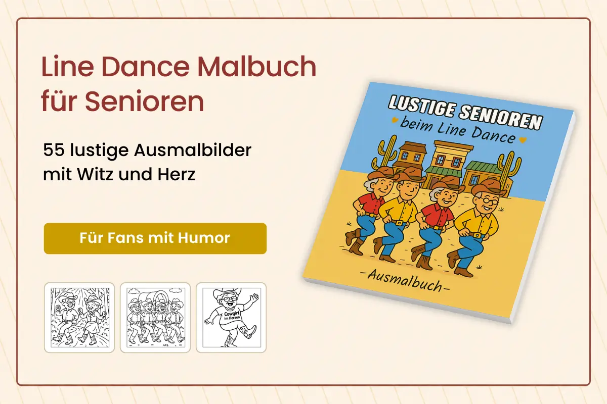 Line Dance Malbuch für Senioren mit Cover und drei humorvollen Ausmalmotiven