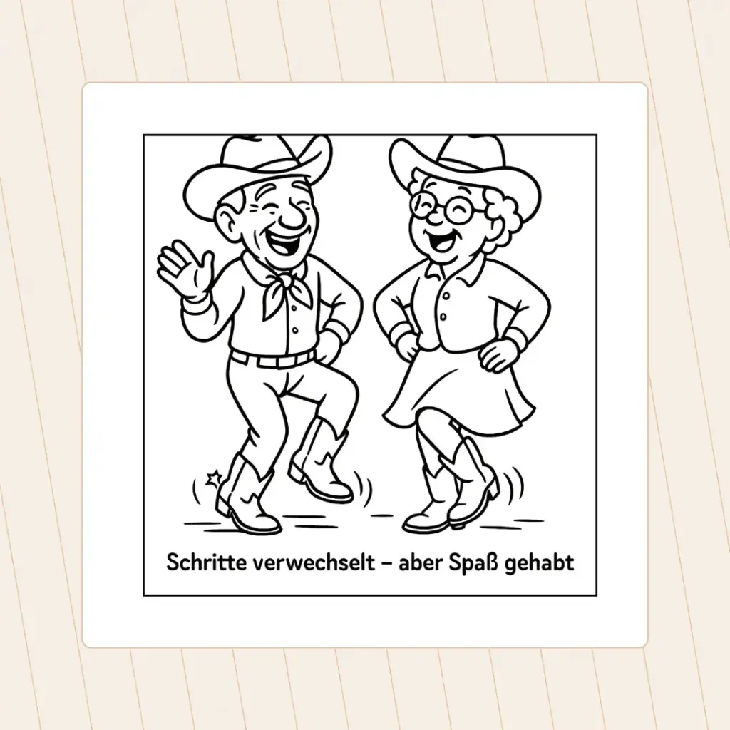 Humorvolles Ausmalbild eines älteren Line-Dance-Paares mit vertauschten Schritten