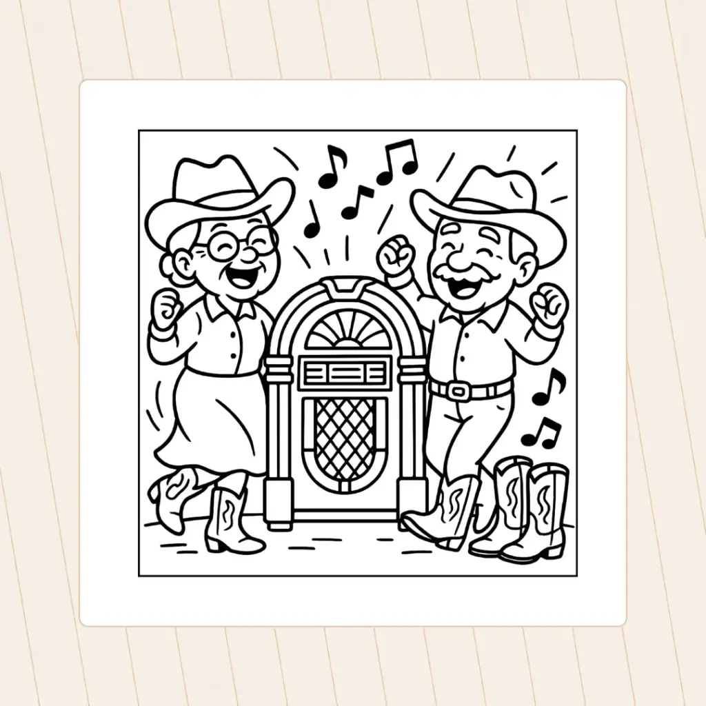 Älteres Paar tanzt fröhlich neben einer Jukebox und Cowboyboots