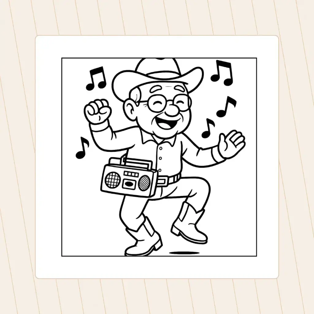 Fröhlicher Senior tanzt mit Cowboyhut, Boots und tragbarem Radio