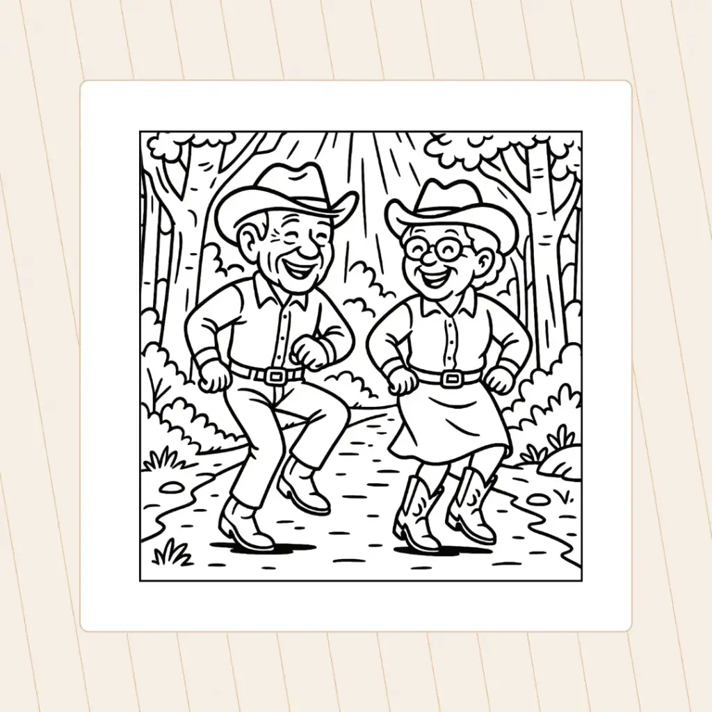 Fröhliches älteres Paar tanzt Line Dance auf einem Waldweg