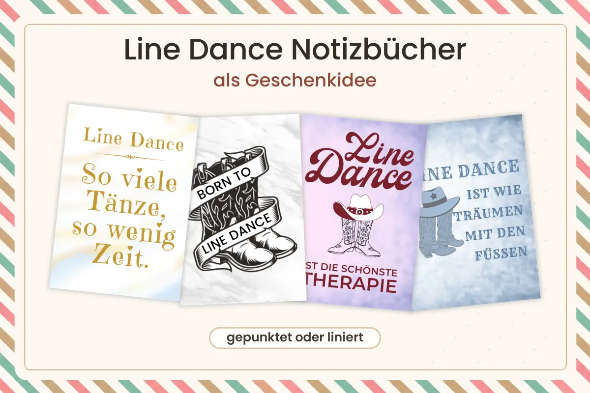 Vier Line Dance Notizbücher als Geschenkidee mit gepunkteten und linierten Varianten.