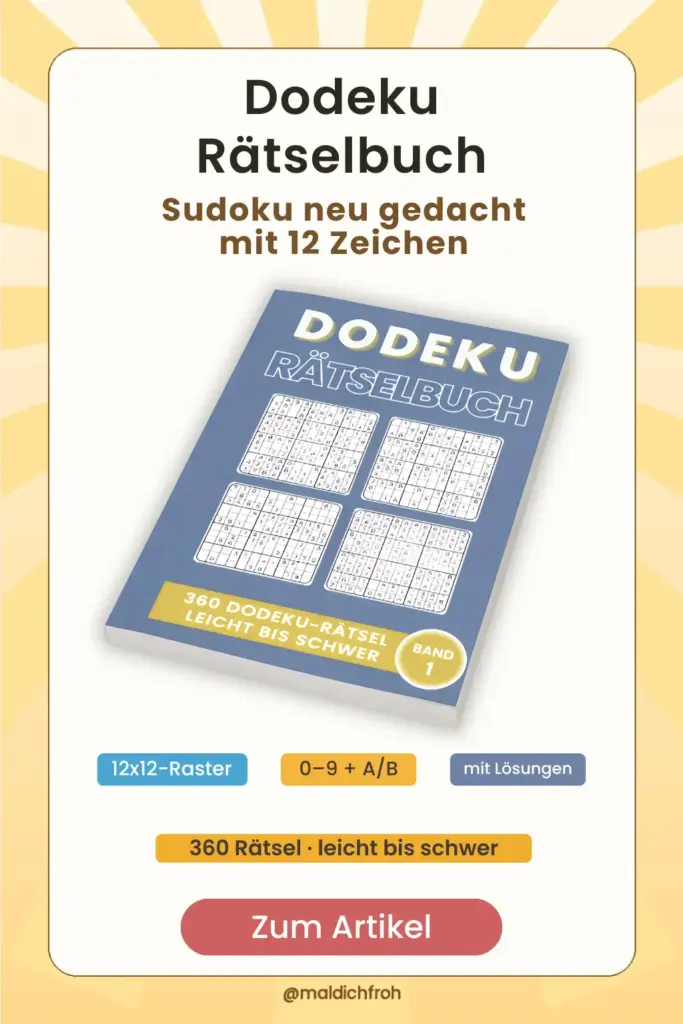 Pinterest Pin zum Dodeku R&auml;tselbuch f&uuml;r Erwachsene mit 12x12-Raster, 12 Zeichen und L&ouml;sungen