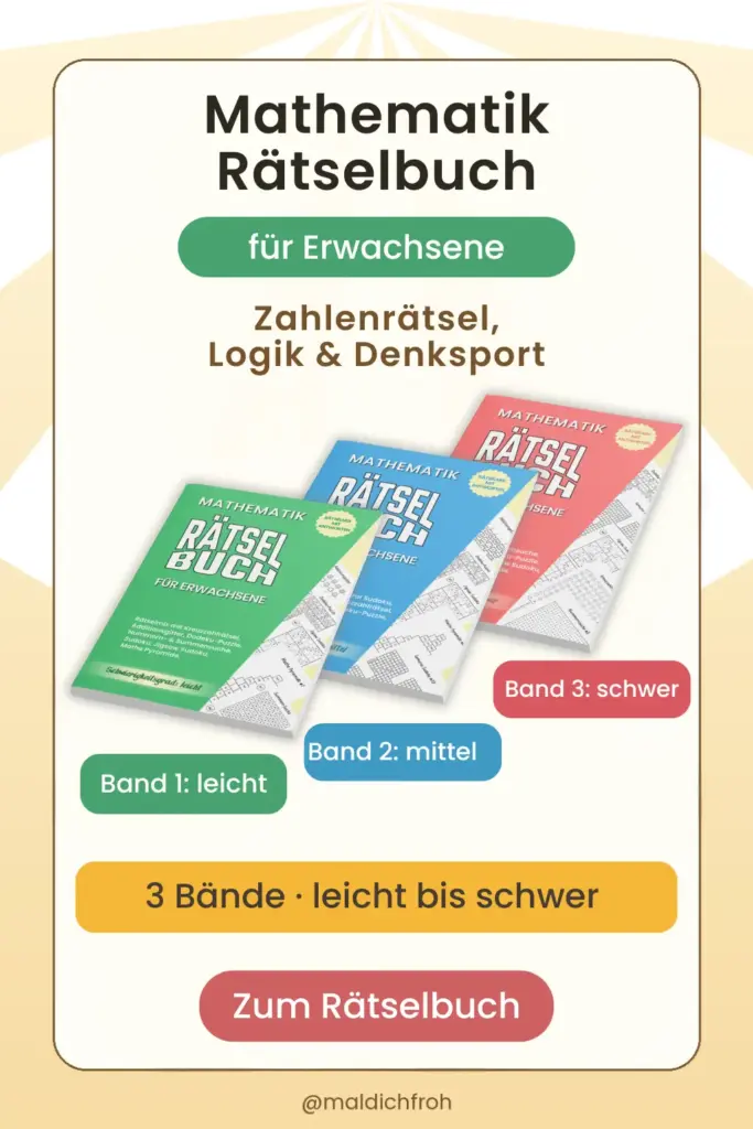 Pinterest Pin zum Mathematik R&auml;tselbuch f&uuml;r Erwachsene mit drei B&auml;nden von leicht bis schwer