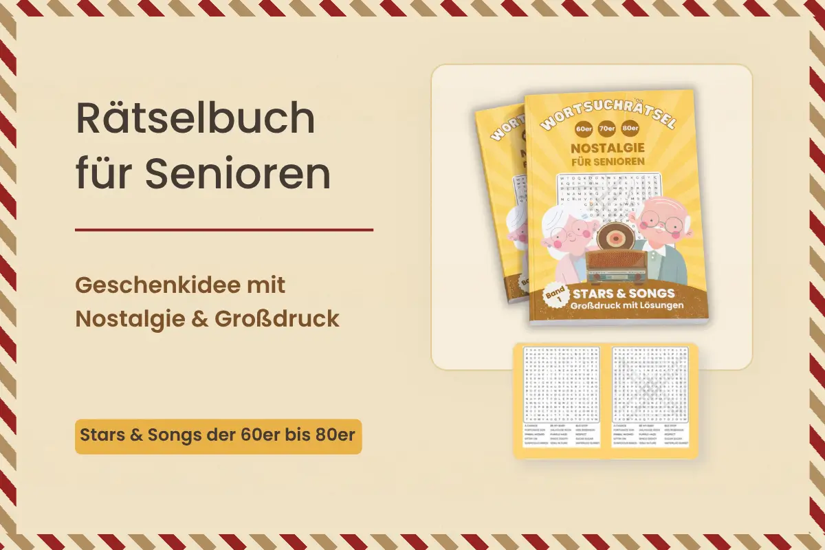 Rätselbuch für Senioren als Geschenkidee mit Nostalgie-Wortsuchrätseln, Großdruck und Stars und Songs der 60er bis 80er