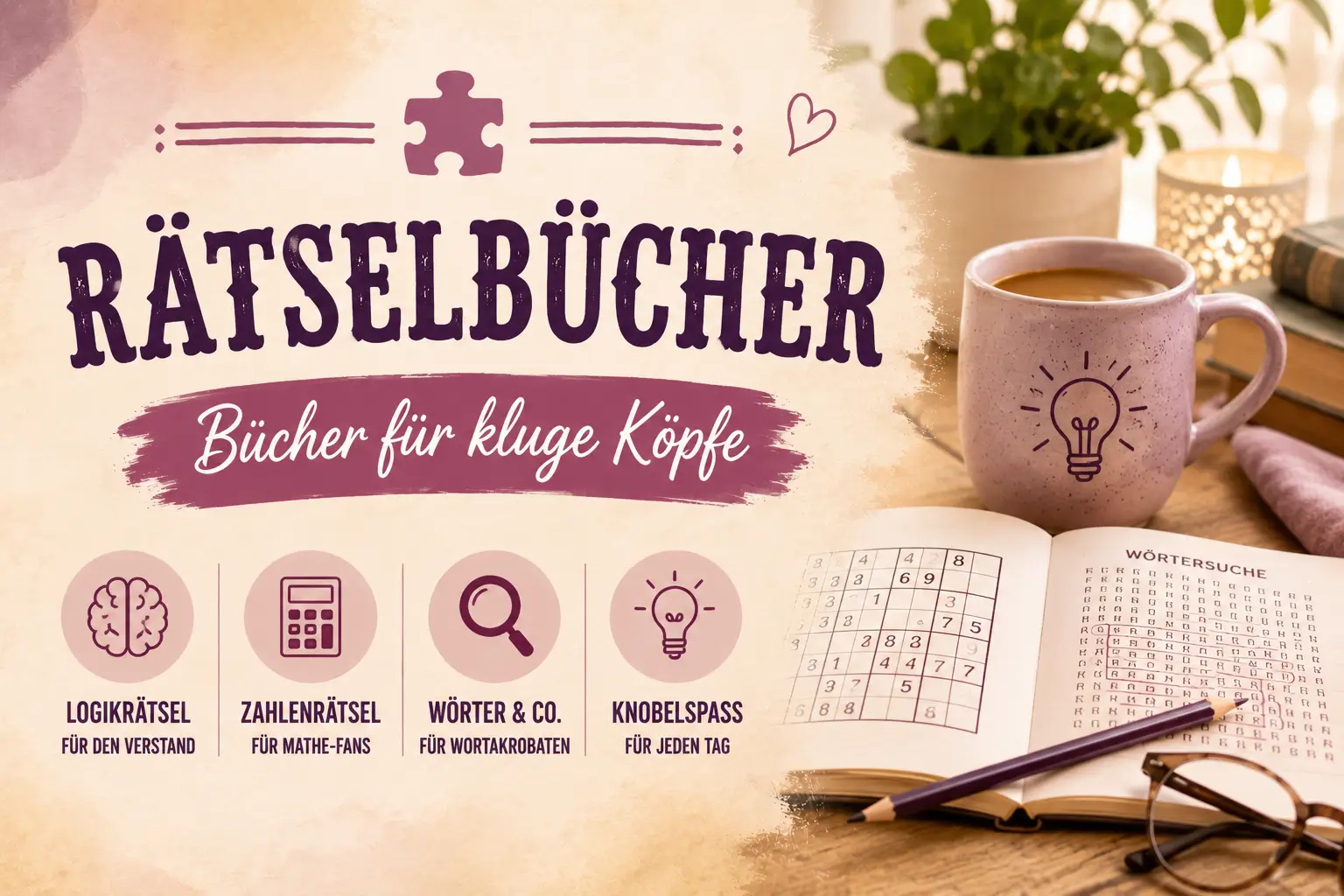 Rätselbücher für kluge Köpfe – Logik, Zahlen & Knobelspaß Themenwelt Rätselbücher mit Logikrätseln, Zahlenrätseln, Wörtersuchen und abwechslungsreichem Knobelspaß für Erwachsene.