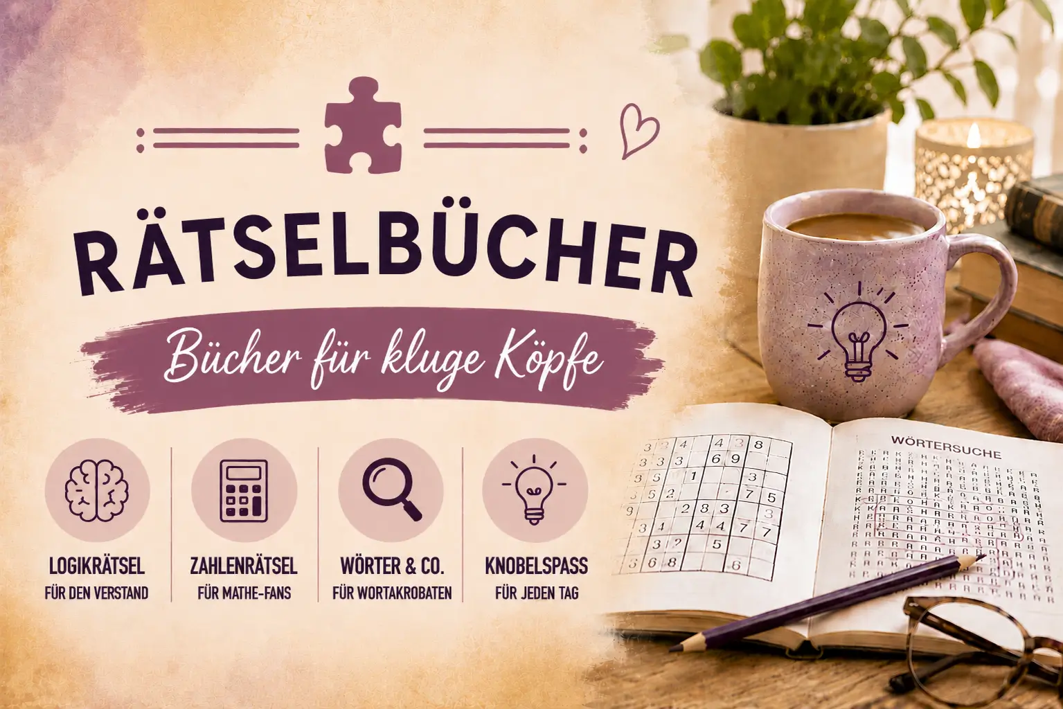 Rätselbücher für kluge Köpfe – Logik, Zahlen & Knobelspaß Themenwelt Rätselbücher mit Logikrätseln, Zahlenrätseln, Wörtersuchen und abwechslungsreichem Knobelspaß für Erwachsene.