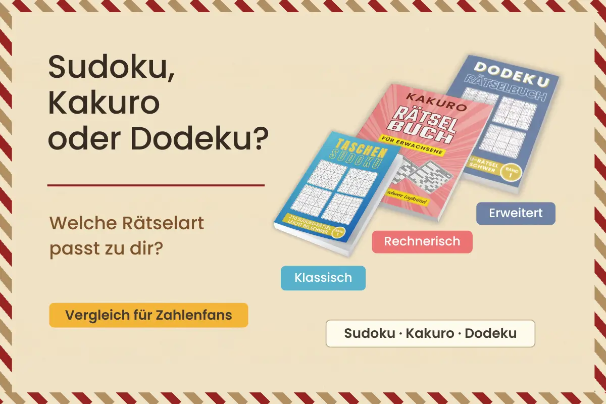 Sudoku, Kakuro oder Dodeku Vergleich mit drei Rätselbuch-Covern
