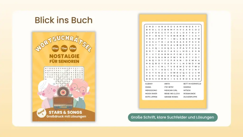 Blick ins Buch mit Cover und Beispielseite eines Wortsuchrätsels für Senioren in Großdruck mit klaren Suchfeldern und Lösungen