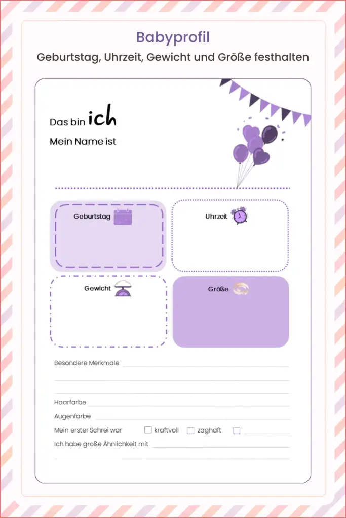 Innenansicht aus einem Babytagebuch mit Babyprofil für Geburtstag, Uhrzeit, Gewicht und Größe