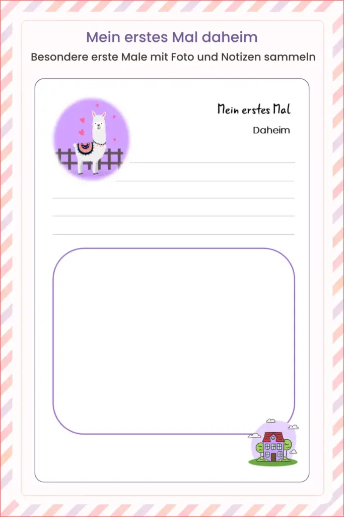 Innenansicht aus einem Babytagebuch mit Seite für Babys erstes Mal daheim