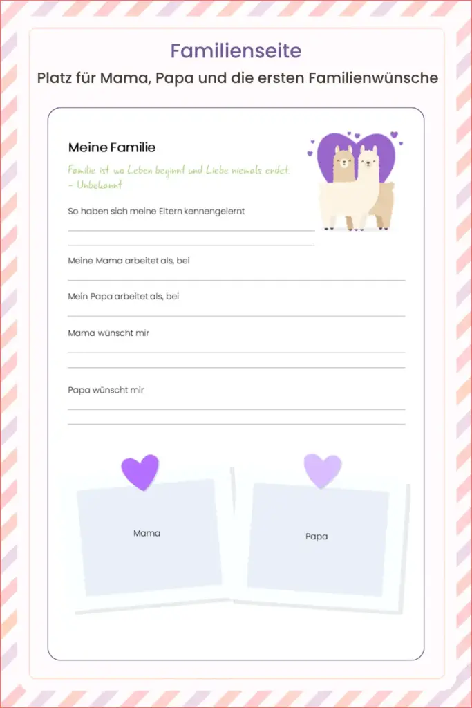 Innenansicht aus einem Babytagebuch mit Familienseite und Platz für Wünsche von Mama und Papa