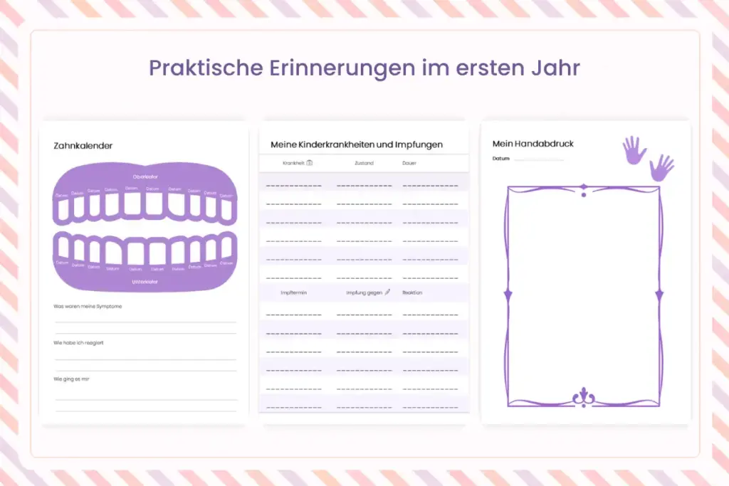 Babytagebuch Gesundheitsseiten mit Zahnkalender, Impfungen und Handabdruck