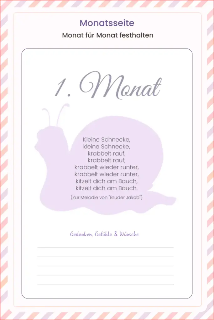 Babytagebuch Monatsseite mit liebevollem Lama-Motiv und Platz für Gedanken, Gefühle und Wünsche