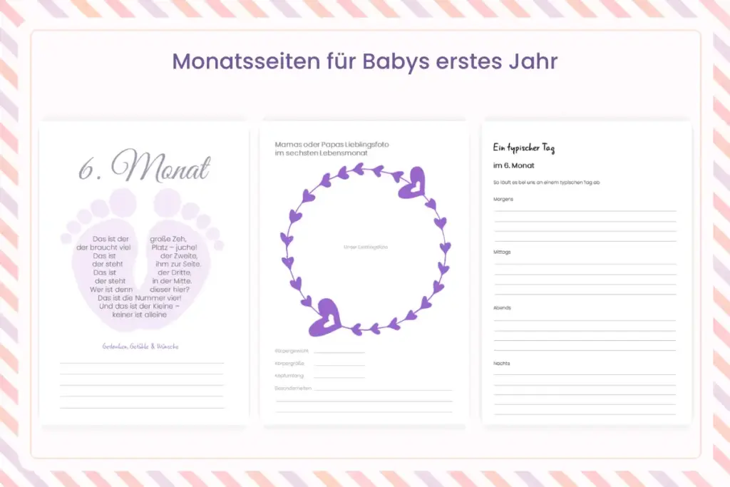 Babytagebuch Monatsseiten mit Lieblingsfoto, sechstem Monat und typischem Tag im ersten Jahr