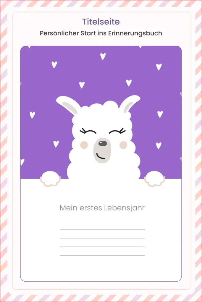 Innenansicht aus dem Babytagebuch Mein erstes Lebensjahr mit Titelseite und Lama-Motiv