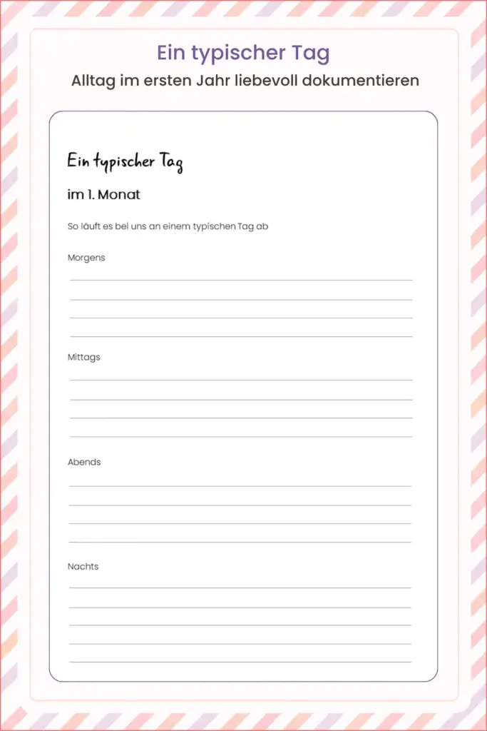 Innenansicht aus einem Babytagebuch mit Seite für einen typischen Tag im ersten Lebensmonat